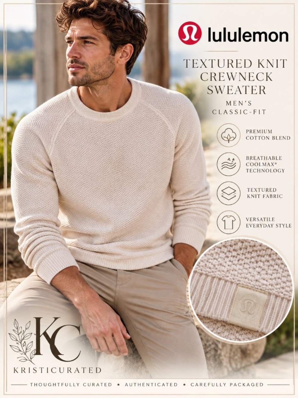 Lululemon Textured Knit Classic-Fit Crewneck Sweater Menâs M Ivory - Picture 1 of 9